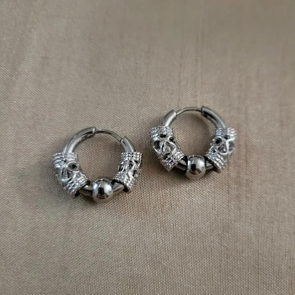 Men's silver stainless steel 10mm  ball charm filigree mini hoop earrings